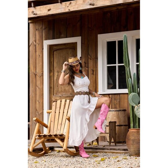 Women Faux Leather Pink Side Zipper Chunky Heel Knee High Western Cowgirl Boots - Picture 8 of 8